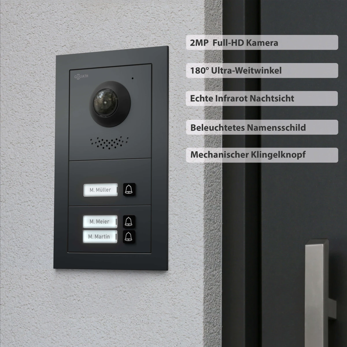 GOLIATH Hybrid 2-Draht BUS Video-Türsprechanlage | Anthrazit | 3 Fam | 3x7 Zoll Weiß | 180°