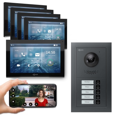 Hybrid IP Video Türsprechanlage | Anthrazit | 5 Fam | 5 x 10" HD Schwarz | Unterputz | 180°