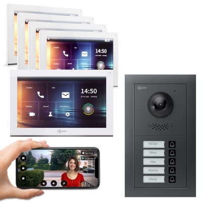 Hybrid IP Video Türsprechanlage | Anthrazit | 5 Fam | 5 x 10" HD Weiß | Unterputz | 180°