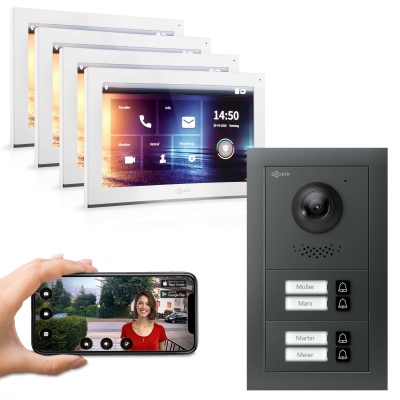 Hybrid IP Video Türsprechanlage | App | 4 Fam | 4x10" HD Weiß | Unterputz | 180° Kamera