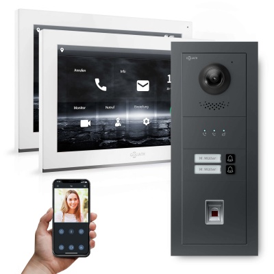 Hybrid IP Türsprechanlage | App | Anthrazit | 2-Fam | 2x 7" Weiß | Fingerprint | 180°