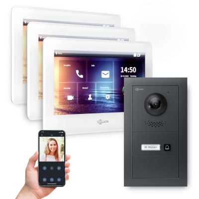 Hybrid IP Videotürsprechanlage | App | Anthrazit | 1-Familie | 3x 7"| Unterputz | 180°