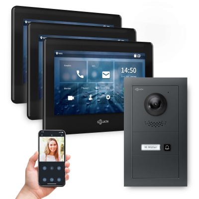 Hybrid IP Video Sprechanlage mit App | Anthrazit | 1-Familie | 3x 7"| Unterputz | 180°