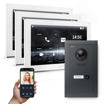 Hybrid IP Video Sprechanlage mit Anthrazit | 1-Fam | 3x 10" HD | Unterputz | 180° Kamera
