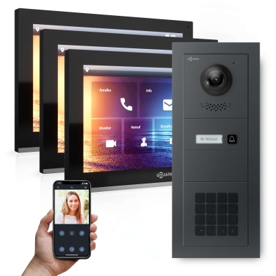 Hybrid IP Videotürsprechanlage | Anthrazit | 1-Fam | 3x 10" HD | Keypad | 180° Kamera
