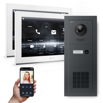 Hybrid IP Videotürsprechanlage | Anthrazit | 1-Fam | 2x 10" HD | Keypad | 180 Grad
