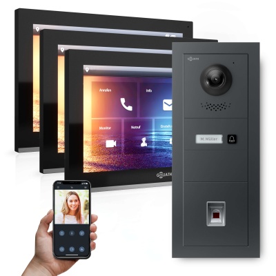 Hybrid IP Videotürsprechanlage | Anthrazit | 1-Fam | 3x 10" HD | Fingerprint | 180° Winkel