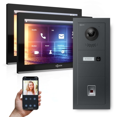Hybrid IP Gegensprechanlage | Anthrazit | 1-Fam | 2x 10" HD | Fingerprint | 180° Kamera