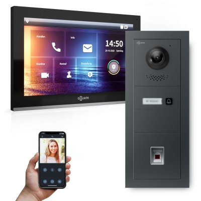 Hybrid IP Türsprechanlage | Anthrazit | 1-Fam | 10" HD | Fingerprint | Unterputz | 180°