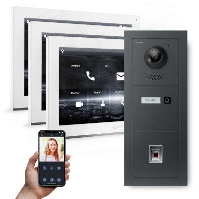 Hybrid IP Videotürsprechanlage | Anthrazit | 1-Fam | 3x 10" HD | Fingerprint | 180° Kamera