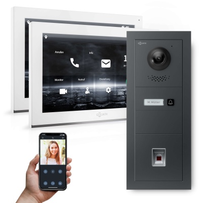 Hybrid IP Video-Türsprechanlage | Anthrazit | 1-Fam | 2x 10" HD | Fingerprint | 180 Grad