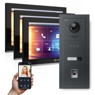 Hybrid IP Video Sprechanlage | Anthrazit | 1-Fam | 3x 10" HD | Fingerprint | 180° Kamera
