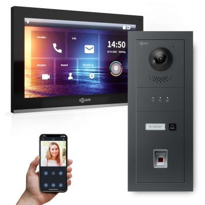 Hybrid IP Türsprechanlage | Anthrazit | 1 Fam | 10" HD | Fingerprint | Unterputz | 180°