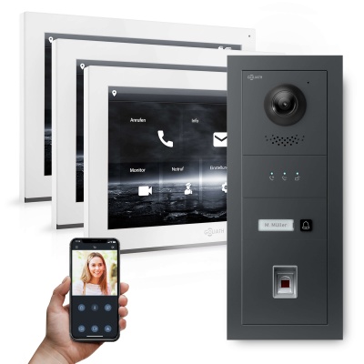 Hybrid IP Video Türsprechanlage | Anthrazit | 1-Fam | 3x 10" HD | Fingerprint | 180°