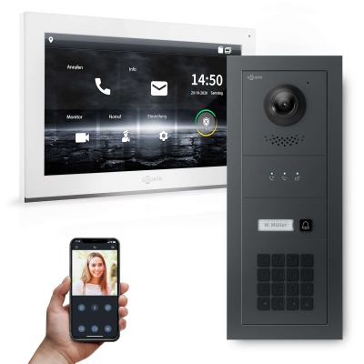 Hybrid IP Video Türsprechanlage | Anthrazit | 1-Fam | 10" HD | Keypad Modul | 180° Kamera