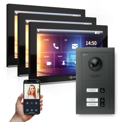 Hybrid IP Video-Türsprechanlage | Anthrazit | 3-Fam Set | 3x 10" HD | 180° Kamera