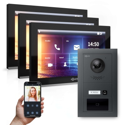 Hybrid IP Türsprechanlage | Anthrazit | 1-Fam | 3x 10" HD | RFID | Unterputz | 180 Grad