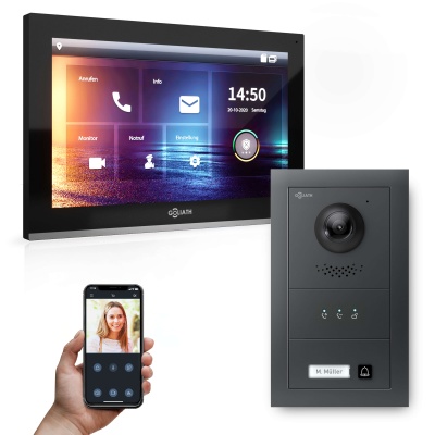 Hybrid IP Sprechanlage | Anthrazit | 1 Fam Set | 10" HD | Unterputz | 180° Kamera