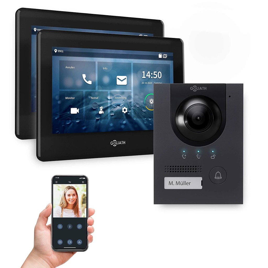 GOLIATH Hybrid 2-Draht BUS Sprechanlage | App | Anthrazit | 1 Fam. | 2x7" | Aufputz | 180 Grad