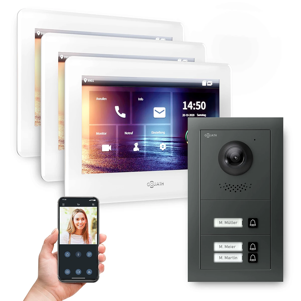 GOLIATH Hybrid 2-Draht BUS Video-Türsprechanlage | Anthrazit | 3 Fam | 3x7 Zoll Weiß | 180°